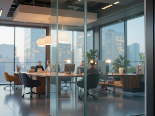 现代办公环境，宽敞明亮的会议室，几名员工正在讨论工作，白色墙壁和玻璃隔断营造开放空间感，自然光线充足